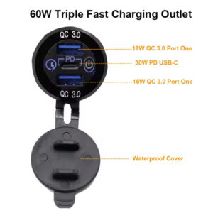 Alternative view of NZ Logical 12V 24V 60W Fast Charging Triple Aluminum USB Socket with Switch